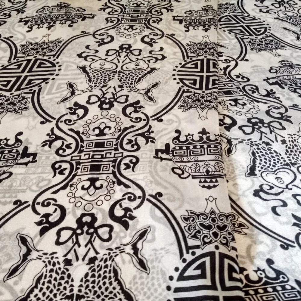 Chinese Black & Ivory Silk Oblong Fringed Scarf
